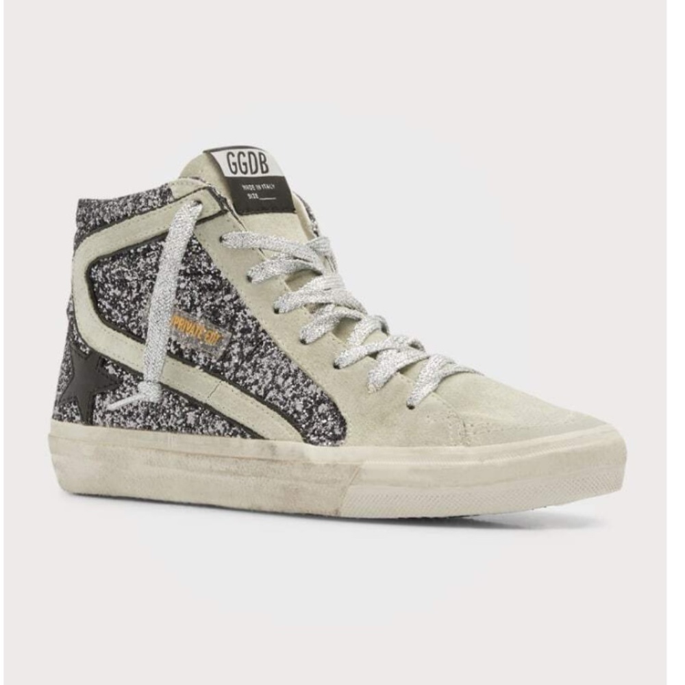 Golden Goose Slide Classic Glitter Leather Sneakers Grey/Black 4291- Retail $680